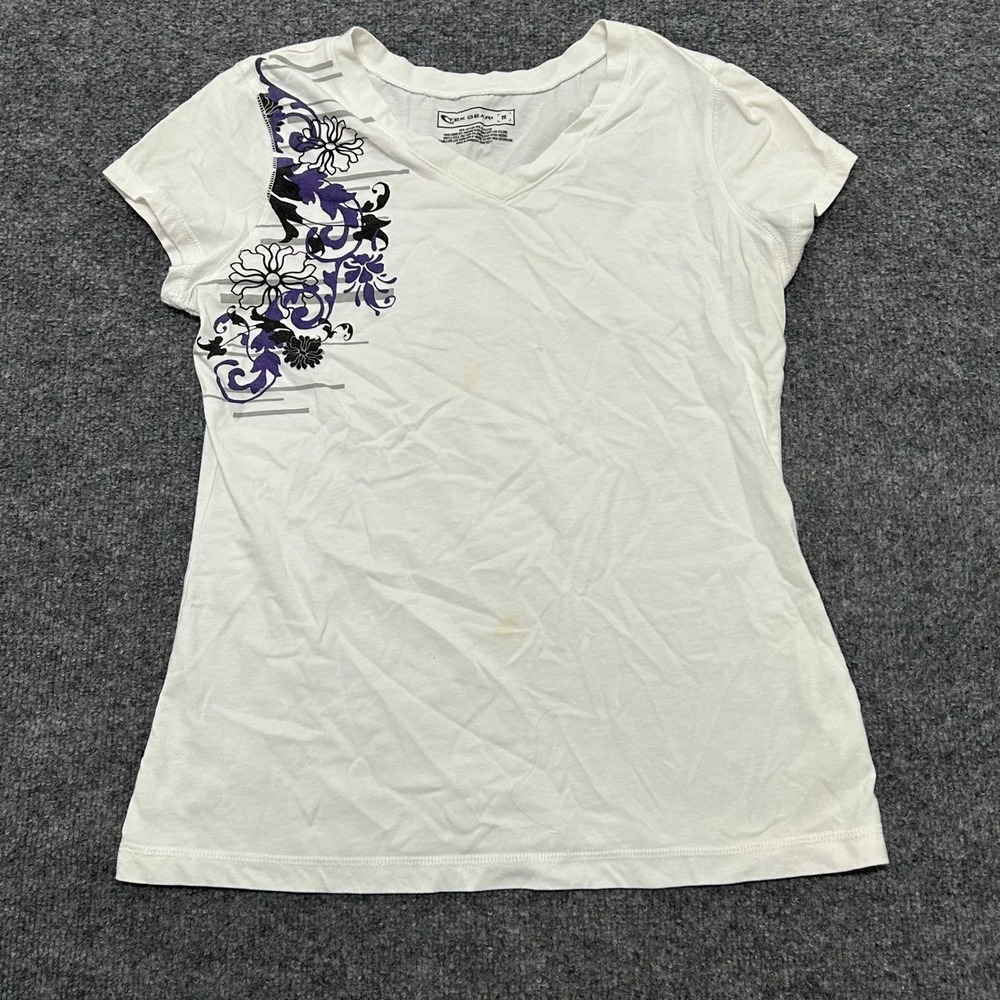 Tek Gear Shirt Womens Size M White Floral Graphic V-Neck Short Sleeve Active Tee